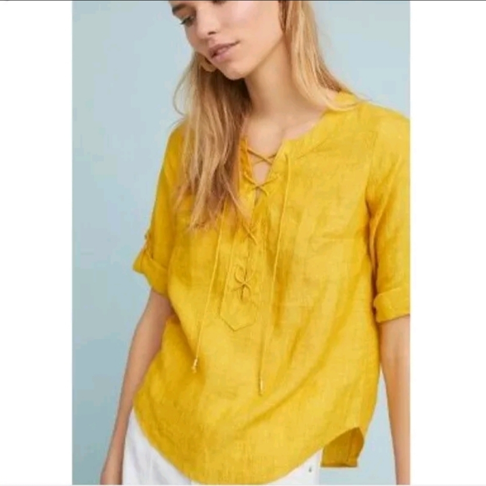 ANTHROPOLOGIE MAEVE MARVA LINEN LACE UP BLOUSE TOP SHIRT TUNIC GOLD YELLOW 14